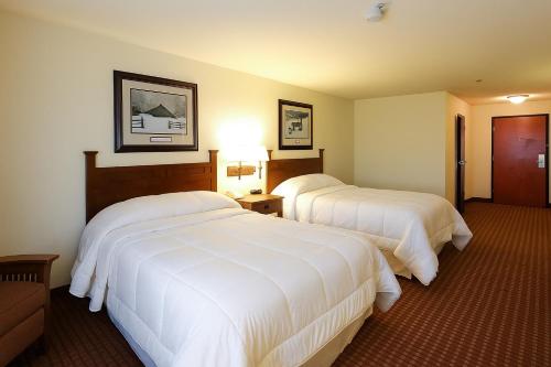 two beds in a hotel room with white sheets at Mountain Inn & Suites Airport - Hendersonville in Hendersonville
