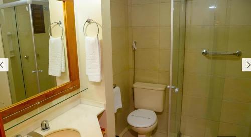 un bagno con wc e doccia in vetro di Apartamento Esquina Rua Torta, Pousada do Serrano, Gramado, RS a Gramado