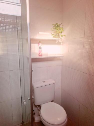 een badkamer met een toilet en een plank met een plant bij Casa Parque Verde Cop30 in Belém