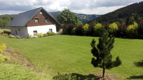 a house in the middle of a green field at Penzion Kabourek in Vítkovice