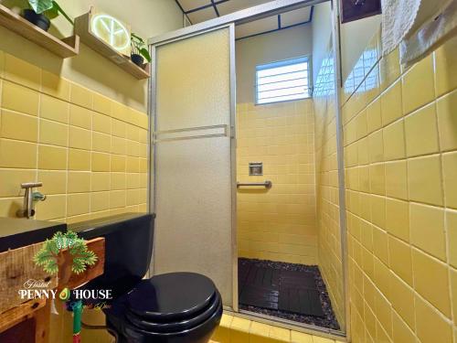 a bathroom with a black toilet and a shower at Penny House Hostal in David