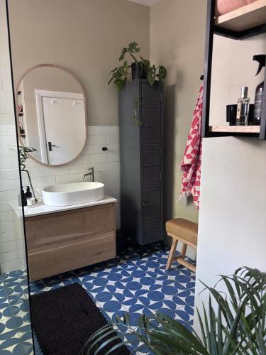 a bathroom with a sink and a mirror at Catlovers Corner in Paarl