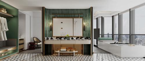 a bathroom with a tub and a sink and a bath tub at Mehood Elegant Hotel Panyu Chimelong Wanbo in Guangzhou