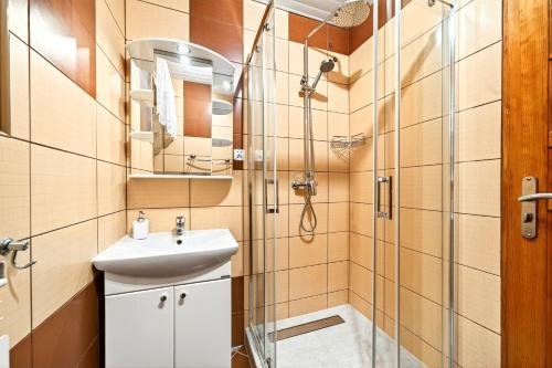 Et badeværelse på Gut Apartment - 2 sypialnie, duża kuchnia, kino domowe NETFLIX & HBO, kryty parking, szybkie WIFI, 5km od Zakopane