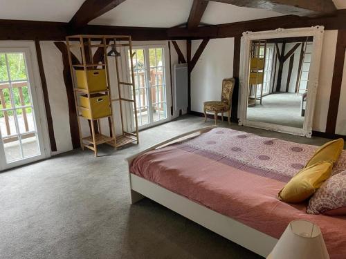 a bedroom with a large bed and a mirror at Les grandes bruyères in Lesperon