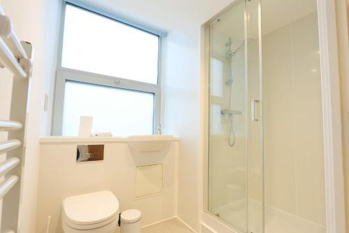 a bathroom with a shower and a toilet at Studio Flat Close to Queen Square - Flat 5B in Bristol