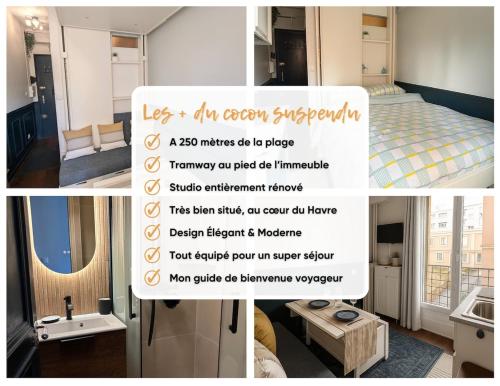 a collage of photos of a room with a sign at The suspended cocoon in Le Havre