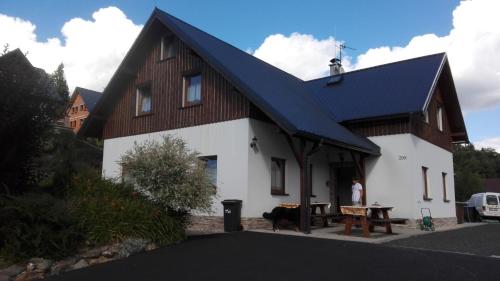 a house with a blue roof with a picnic table at Penzion Kabourek in Vítkovice