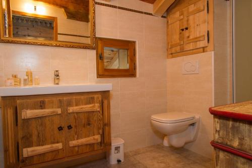 une salle de bains avec toilettes et lavabo dans l'établissement la ferme de la Vora, à Châtel