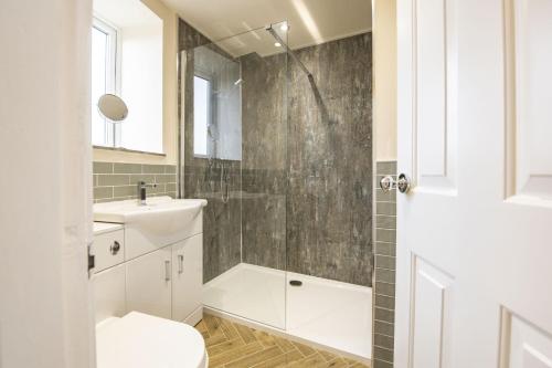 a bathroom with a shower and a sink and a toilet at California Cottage 2 in Middleton in Teesdale