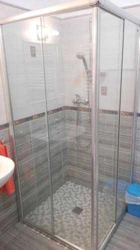 a shower with a glass enclosure in a bathroom at Penzion Kabourek in Vítkovice