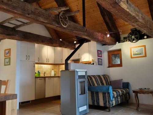 una cucina e un soggiorno con frigorifero e divano. di Stalla di Adele a Cevio