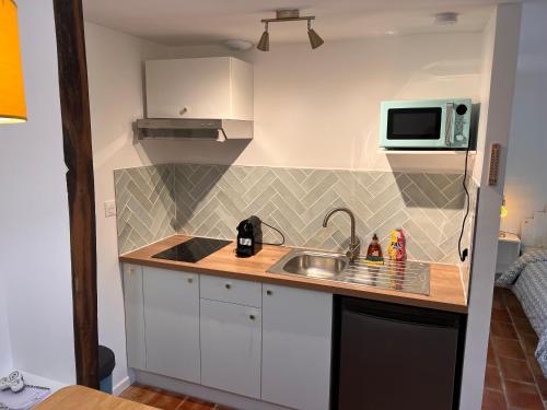 a small kitchen with a sink and a microwave at Studio à 20 min des cures thermales de La Roche Posay - Casino in Archigny