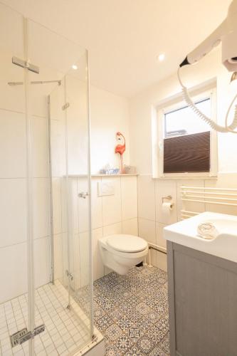 a bathroom with a toilet and a glass shower at Pension Zur Brandung in Büsum