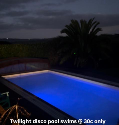 a swimming pool with blue water at night at Halekulani Devon Homestay in Torquay