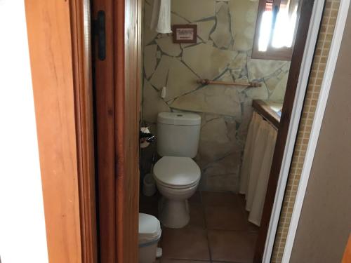 a bathroom with a toilet and a stone wall at Casas El Molino in Vejer de la Frontera