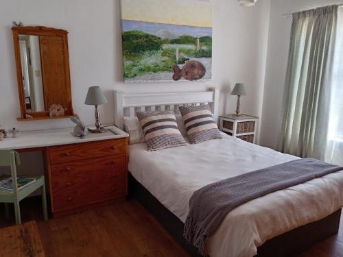 a bedroom with a bed with a desk and a mirror at Die Dik Vis in Velddrif