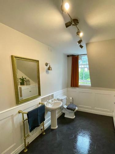 a bathroom with a toilet and a sink and a mirror at Room 2, Wedale House in Stow