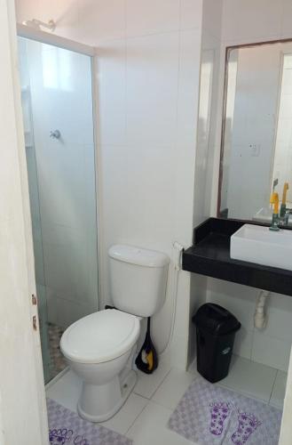 a bathroom with a toilet and a shower and a sink at AP Brisa do Rio in Galinhos