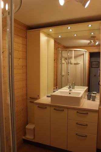 une salle de bain avec un lavabo et un miroir dans l'établissement Beausoleil Appartements VTI, à Val Thorens