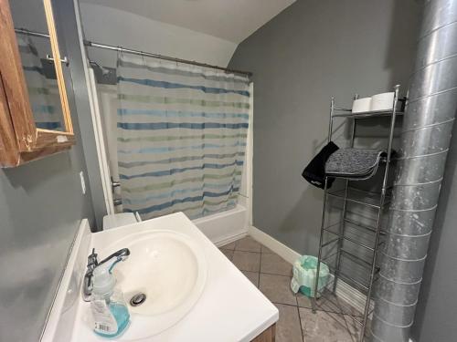 ein Badezimmer mit Waschbecken und Dusche in der Unterkunft Soothing, Comfy P-Room by Wilson Memorial in Johnson City