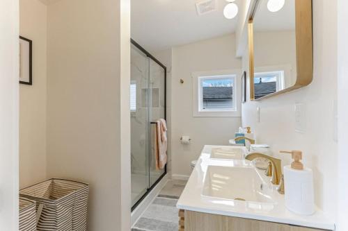 a bathroom with a sink and a shower at Gone Fishin in Buckeye Lake