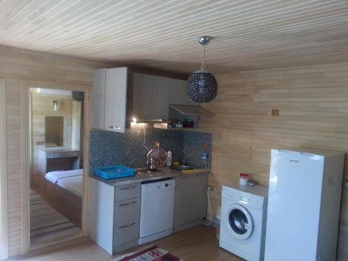 a kitchen with a sink and a refrigerator in a room at Naz Apartlari Cirali in Cıralı