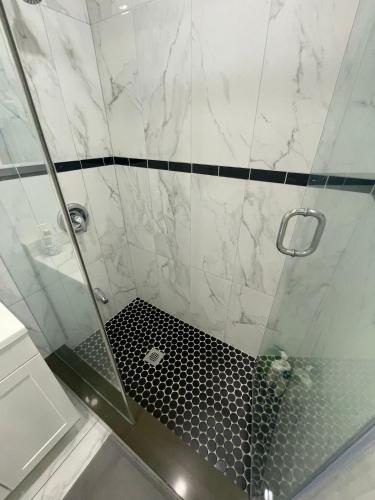 a bathroom with a shower with a black and white at Exclusive Queen St Downtown Full House-PRIVATE PATIO in Toronto