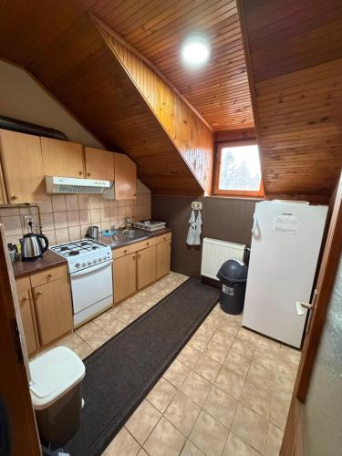 a kitchen with a stove and a refrigerator at Sobe Zoka in Subotica