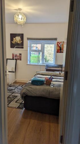 une chambre avec un lit, une fenêtre et un lustre dans l'établissement Shared stay apartment, à Croydon