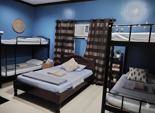 une chambre avec deux lits superposés et un mur bleu dans l'établissement Mactan District Budgetel - Lapu Lapu Cebu, à Mactan