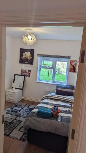 une chambre avec un lit, une fenêtre et un lustre dans l'établissement Shared stay apartment, à Croydon