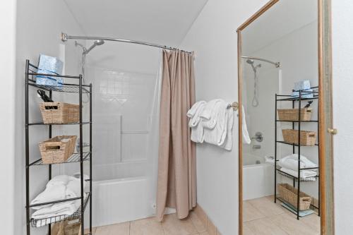 un baño con ducha y espejo en Gateway 5063, en Snake River Health Services Incorporated Heliport