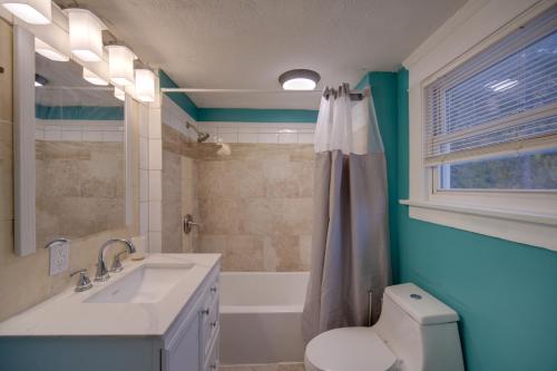 une salle de bain avec un lavabo, des toilettes et une baignoire dans l'établissement Yard, Fire Pit and Trails! Pet-Friendly Akron Home, à Akron