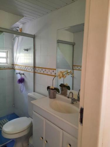 a bathroom with a sink and a toilet and a mirror at Sítio com piscina e vista em Macacos - Nova Lima in Nova Lima