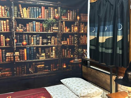 a room with a book shelf filled with books at A 5 minuti dalla Lecce Barocca - DOMUS ANTIQUA in Lizzanello
