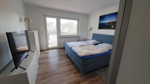 a bedroom with a bed and a tv in it at Rothaarsteig Ferienhaus in Kirchhundem