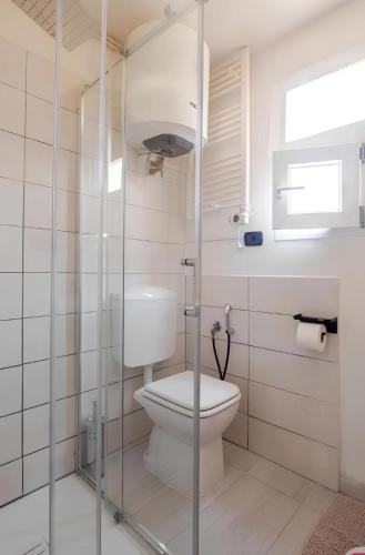 a bathroom with a toilet and a glass shower at Como lake stay& service in Como