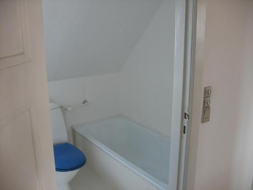 a white bathroom with a toilet and a blue seat at Thurø Kro B&B in Svendborg