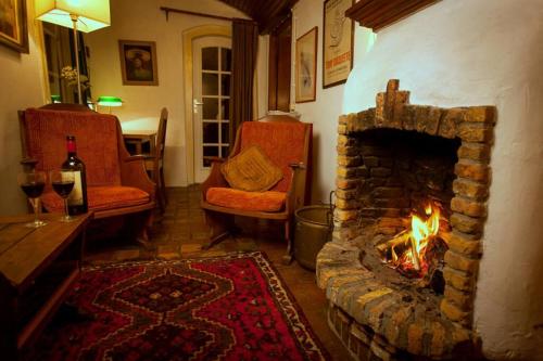 - un salon avec une cheminée, un canapé et des chaises dans l'établissement Het Atelier, by the sea and 300ha woods, à Burgh-Haamstede