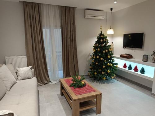 een woonkamer met een kerstboom en een bank bij Retro in Tríkala