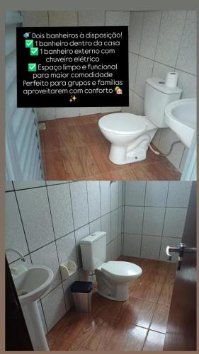two pictures of a bathroom with a toilet and a sink at Rancho Carvalho in Alexânia