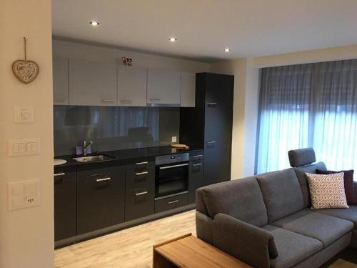 a living room with a couch and a kitchen at Katharina Von Allmen in Wengen