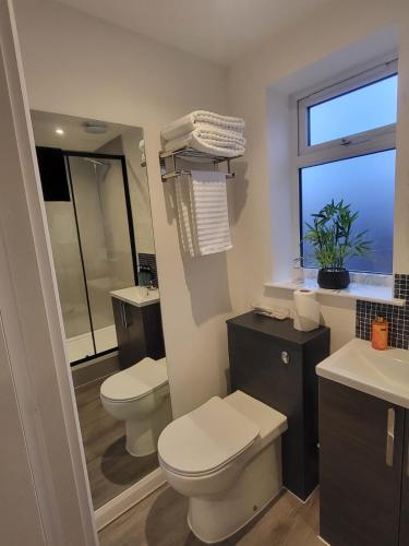 a bathroom with two toilets and a sink and a window at Posyrooms Apartment in Stalybridge