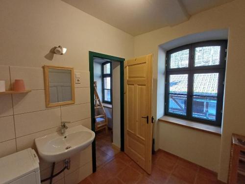 a bathroom with a sink and a mirror and a window at Oben im Selketal in Harzgerode