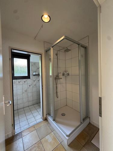a bathroom with a shower with a glass door at Beautiful apartment near Luzern, view to Rigi,Pilatus Mountain in Luzern