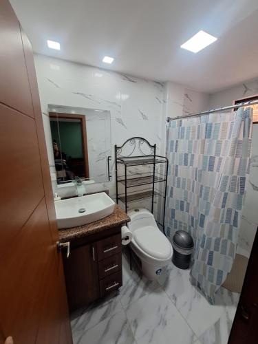 une salle de bain avec un lavabo, des toilettes et une douche dans l'établissement La última parada del Alauseño, à Alausí