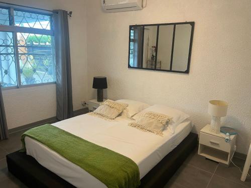 une chambre avec un lit avec un miroir au mur dans l'établissement L'améthyste, à Saint-François