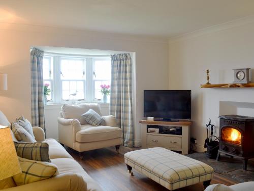 ein Wohnzimmer mit Couch und Kamin in der Unterkunft Raglan Cottage in Ardentinny