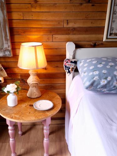 a bedroom with a bed and a table with a lamp at Lauro Muller, Rancho Queimado in Louro Müller